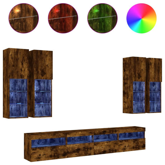 7 Piece TV Wall Cabinet Set with LED Lights Smoked Oak 7 Piece TV Wall Cabinet Set with LED Lights Smoked Oak