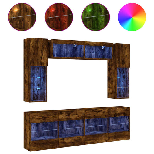 6 Piece TV Wall Cabinet Set with LED Lights Smoked Oak 6 Piece TV Wall Cabinet Set with LED Lights Smoked Oak