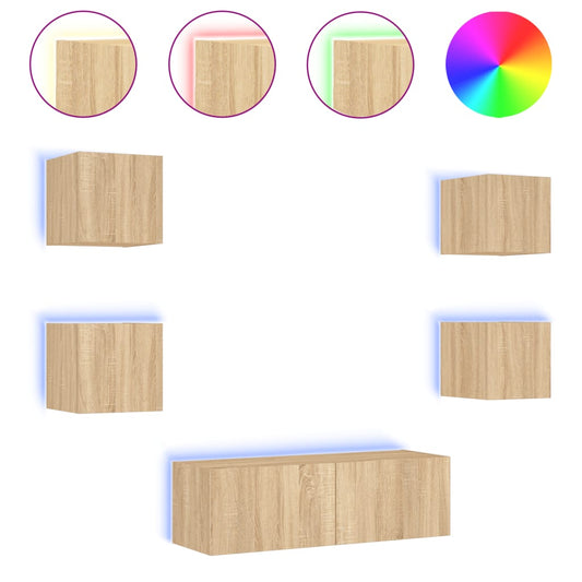 5 Piece TV Wall Cabinets with LED Lights Sonoma Oak 5 Piece TV Wall Cabinets with LED Lights Sonoma Oak