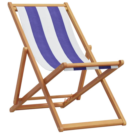 Folding Beach Chair Blue and White Solid Wood Eucalyptus and Fabric Folding Beach Chair Blue and White Solid Wood Eucalyptus and Fabric
