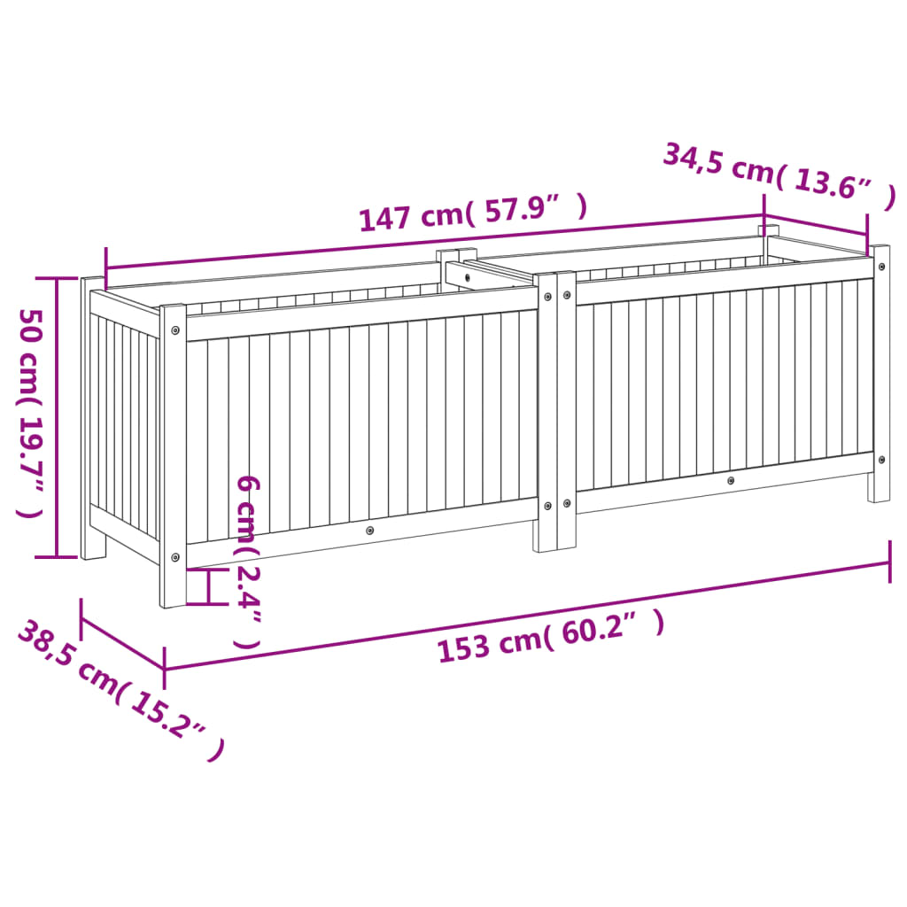 Garden Planter with Liner 153x38,5x50 cm Solid Wood Acacia