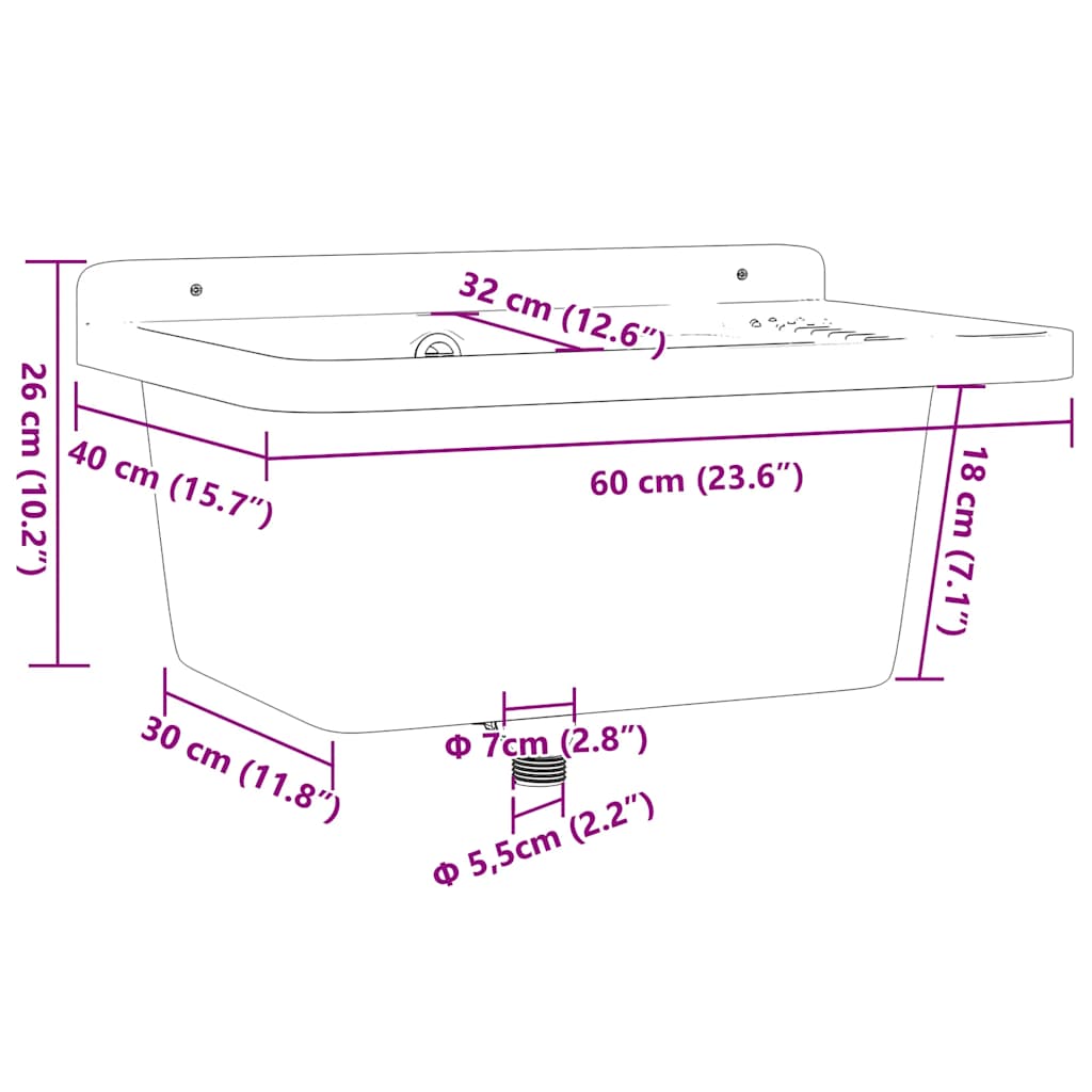 Utility Sink for Wall Mounting White 60x40x28 cm Resin