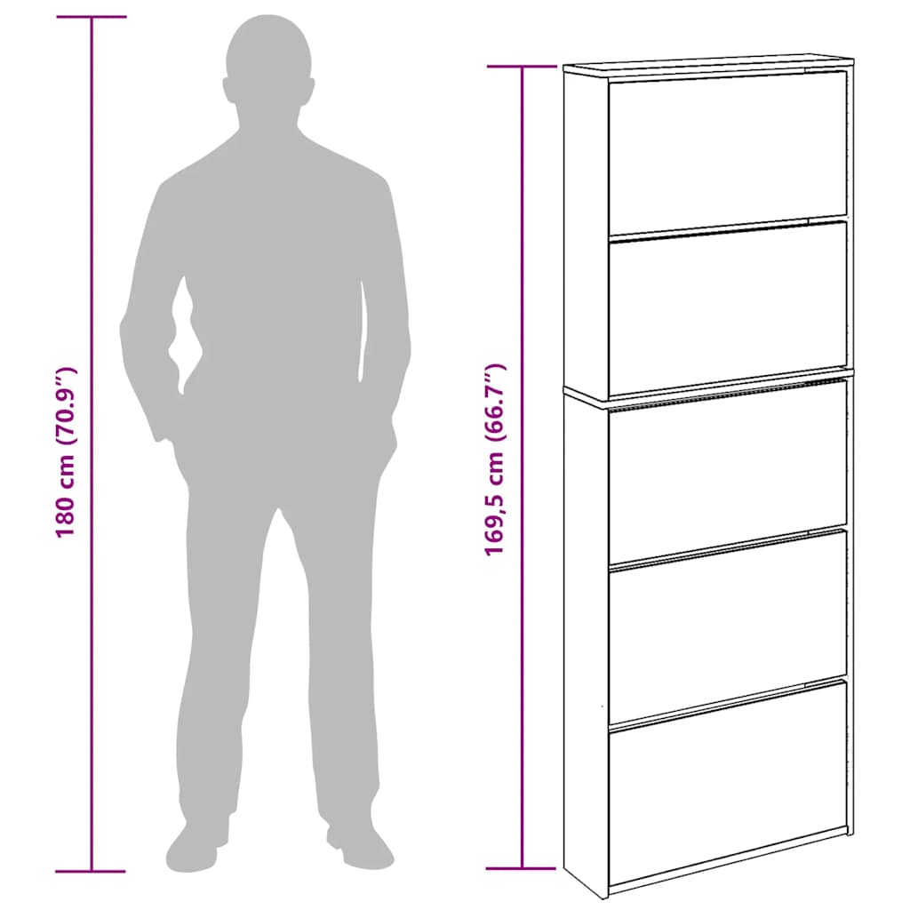 Shoe Cabinet with Mirror 5-Layer Concrete Grey 63x17x169,5 cm