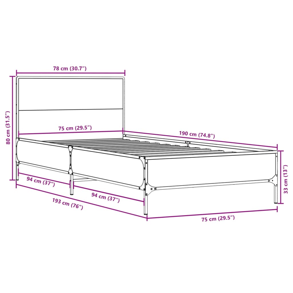 Bed Frame without Mattress Smoked Oak 75x190 cm