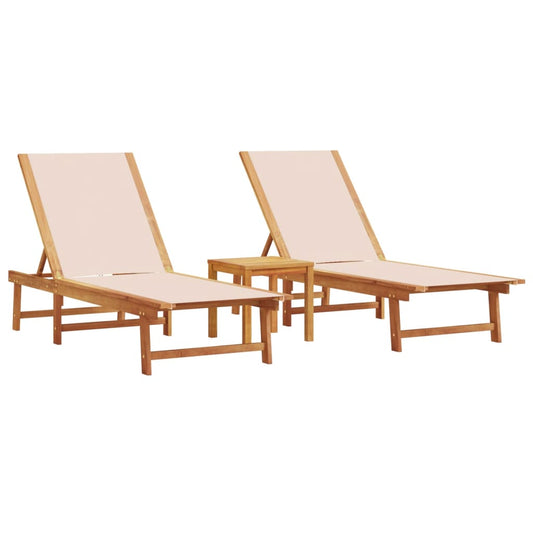Sun Loungers 2 pcs with Table Cream Solid Wood Acacia and Textilene Sun Loungers 2 pcs with Table Cream Solid Wood Acacia and Textilene