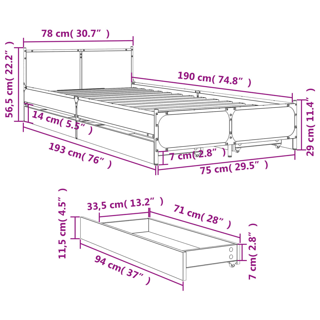 Bed Frame with Drawers without Mattress Brown Oak 75x190 cm