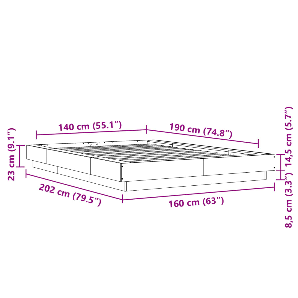 Bed Frame without Mattress Grey Sonoma 140x190 cm