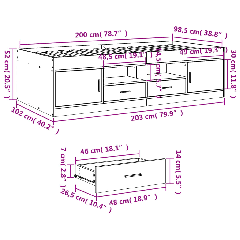 Daybed with Drawers without Mattress Concrete Grey 100x200 cm