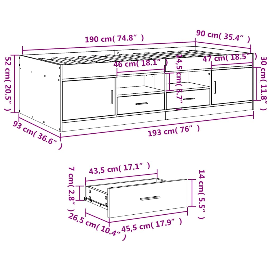 Daybed with Drawers without Mattress Smoked Oak 90x190 cm