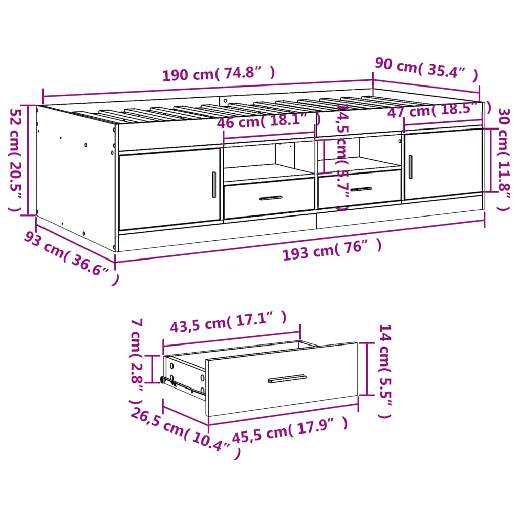 Daybed with Drawers without Mattress Grey Sonoma 90x190 cm