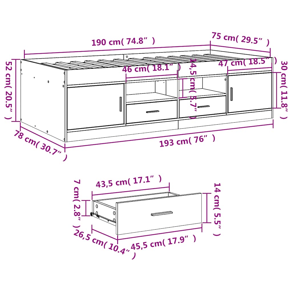 Daybed with Drawers without Mattress White 75x190 cm