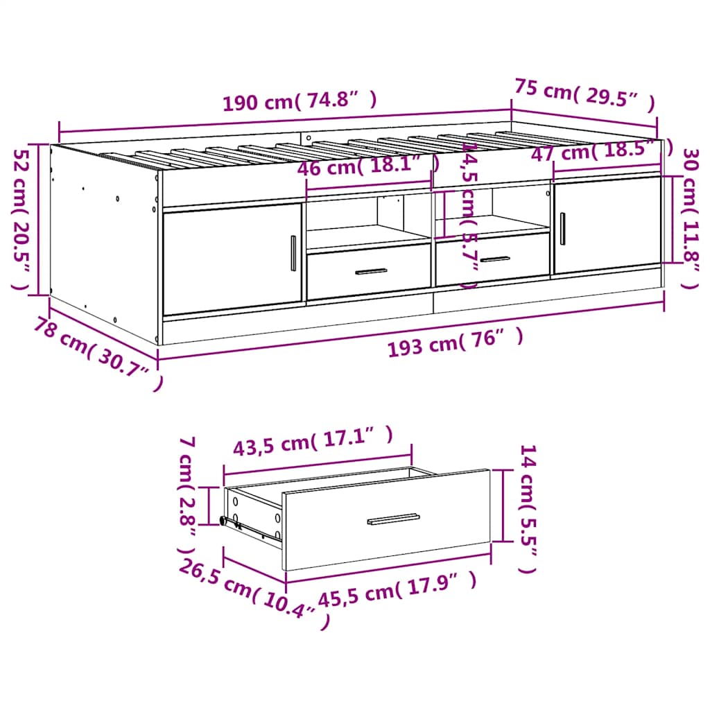 Daybed with Drawers without Mattress Concrete Grey 75x190 cm
