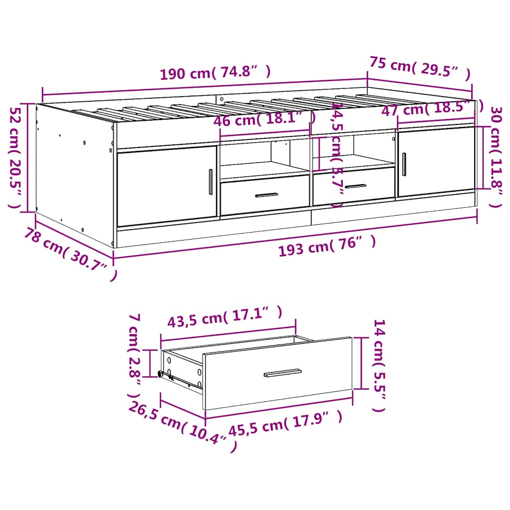 Daybed with Drawers without Mattress Smoked Oak 75x190 cm