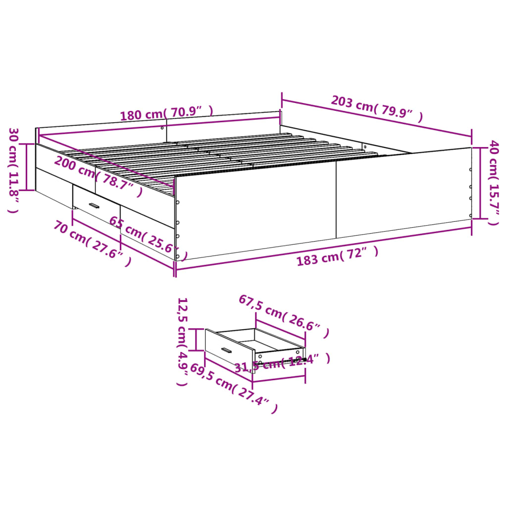 Bed Frame with Drawers without Mattress Sonoma Oak 180x200 cm