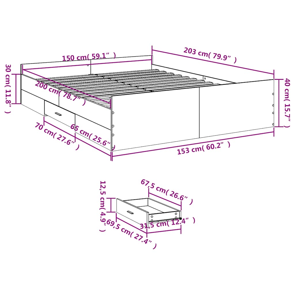 Bed Frame with Drawers without Mattress Black 150x200 cm