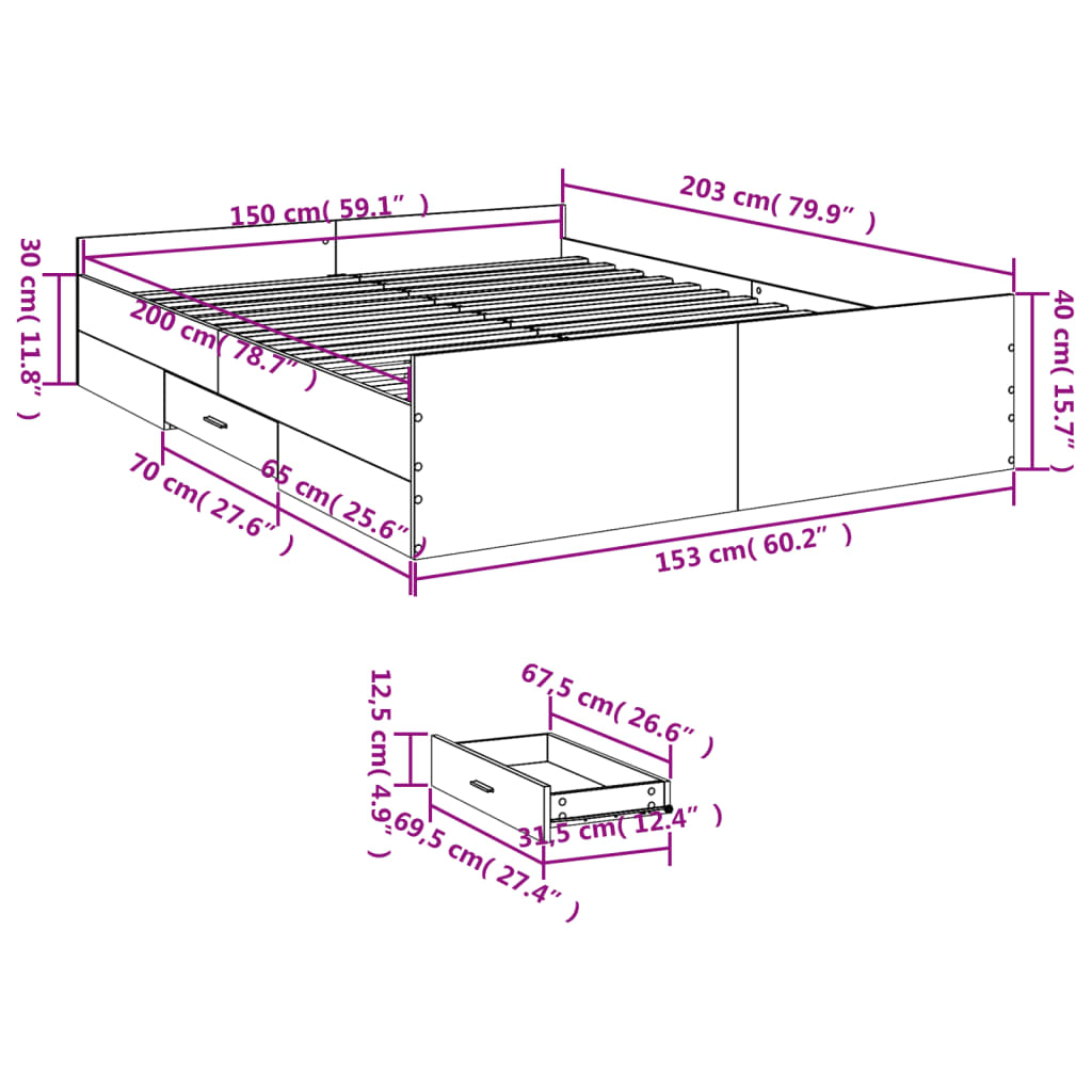 Bed Frame with Drawers without Mattress Grey Sonoma 150x200 cm