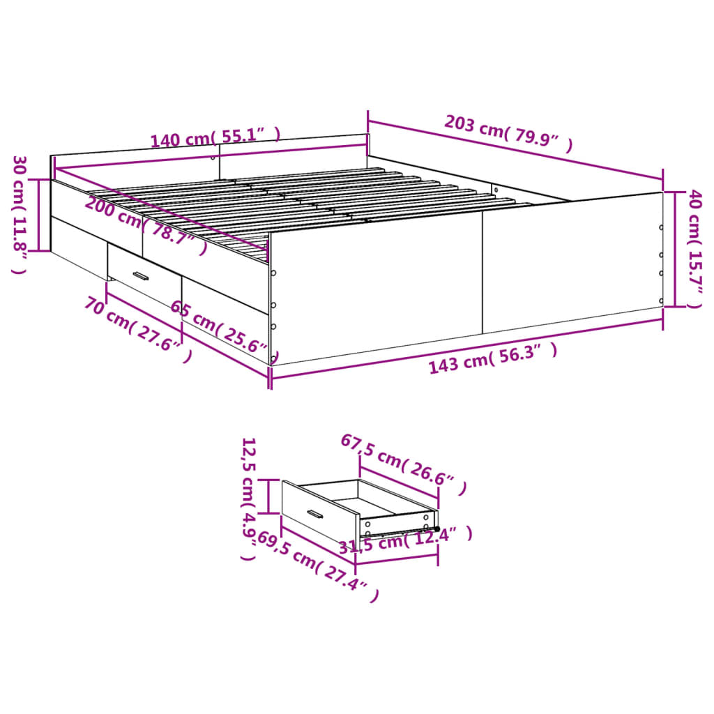 Bed Frame with Drawers without Mattress Concrete Grey 140x200 cm