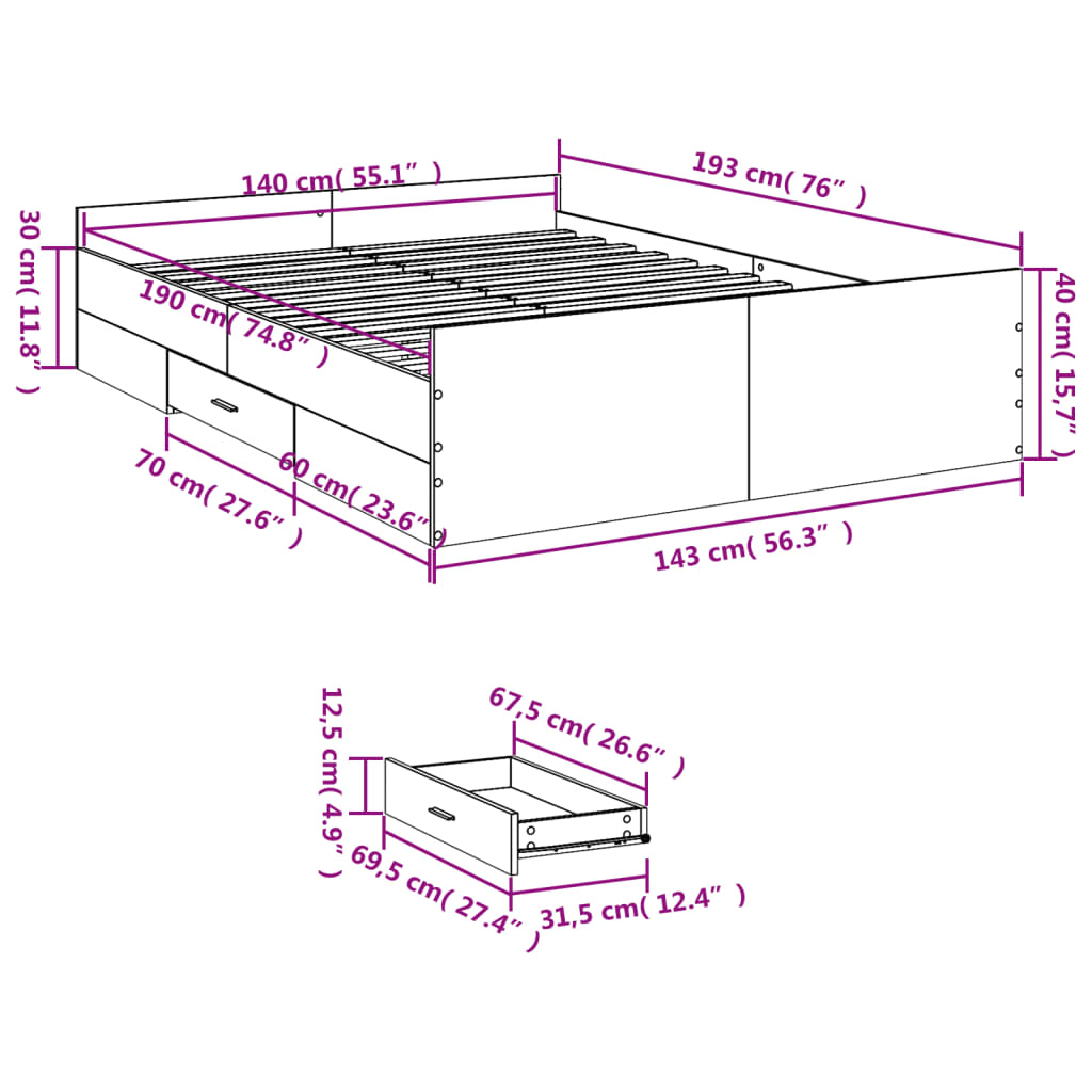 Bed Frame with Drawers without Mattress White 140x190 cm