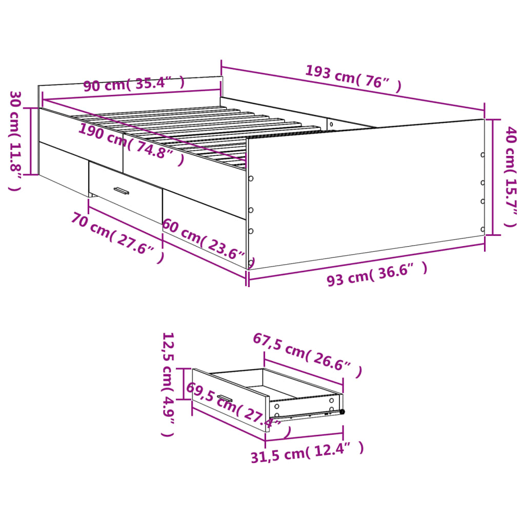Bed Frame with Drawers without Mattress Smoked Oak 90x190 cm