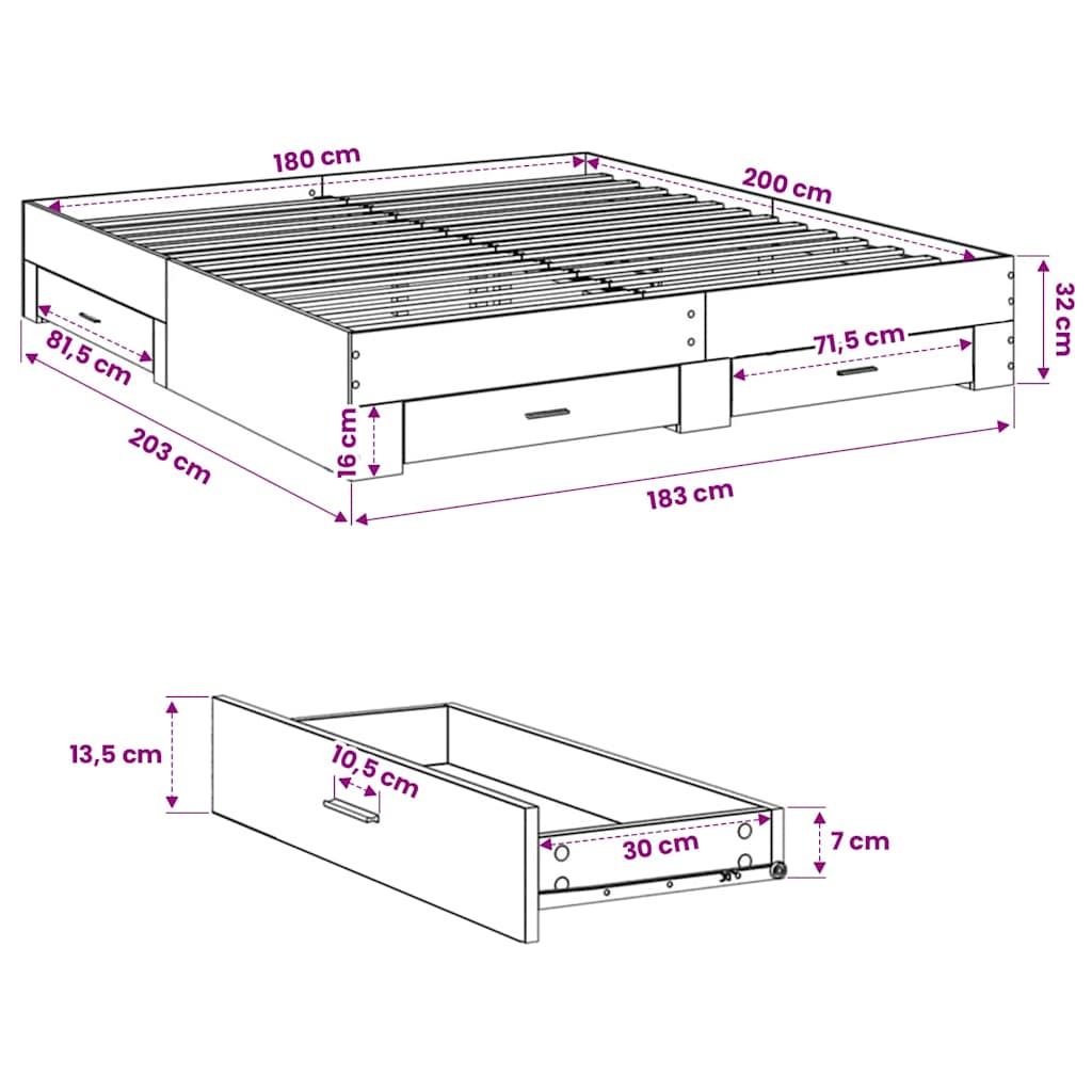 Bed Frame with Drawers without Mattress Sonoma Oak 180x200 cm