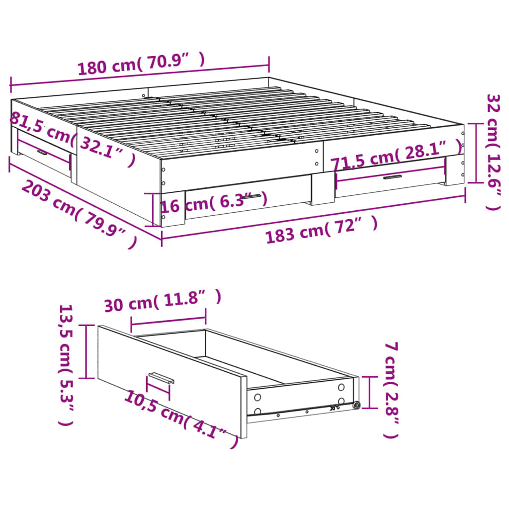 Bed Frame with Drawers without Mattress Grey Sonoma 180x200 cm