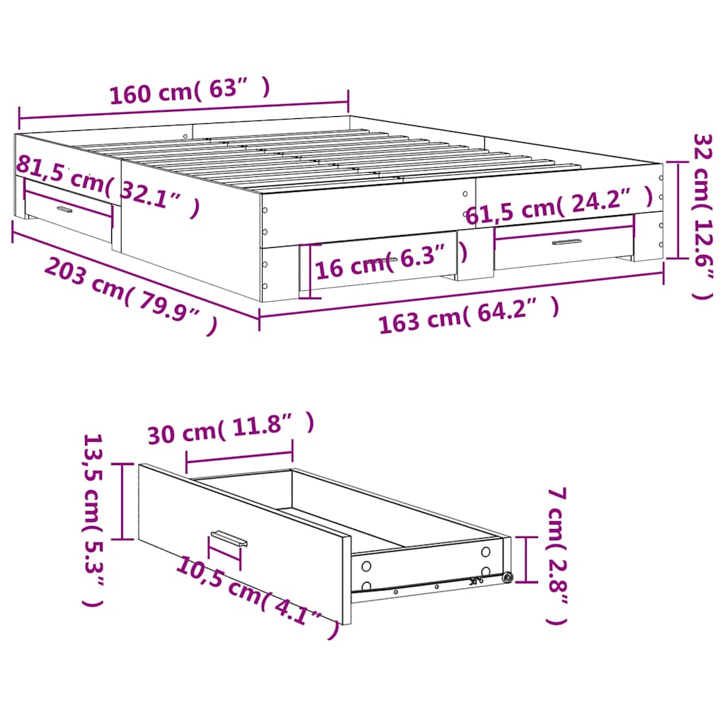 Bed Frame with Drawers without Mattress Sonoma Oak 160x200 cm
