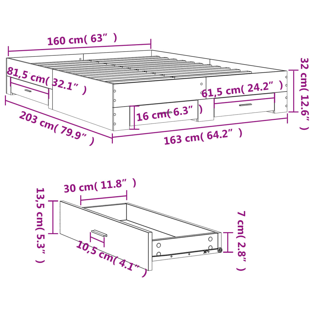 Bed Frame with Drawers without Mattress Concrete Grey 160x200cm