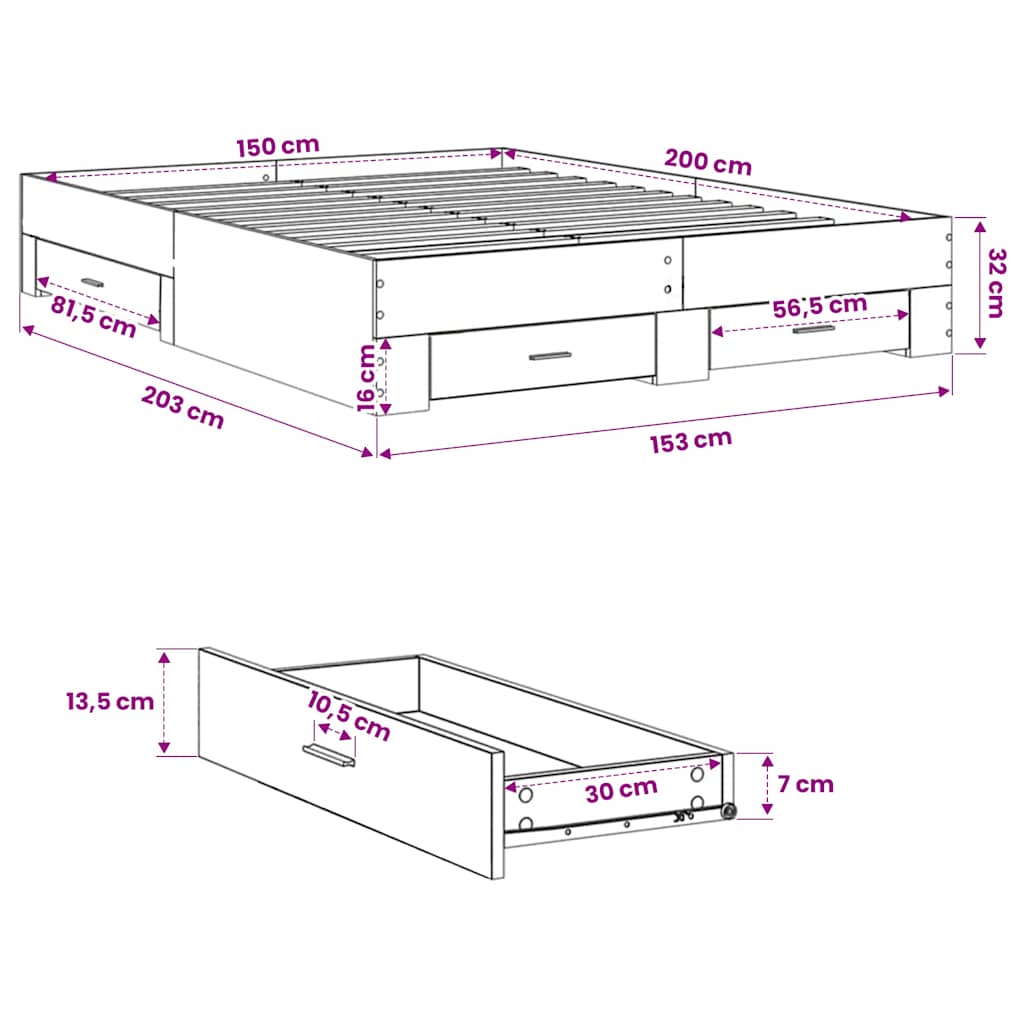 Bed Frame with Drawers without Mattress Sonoma Oak 150x200 cm King Size
