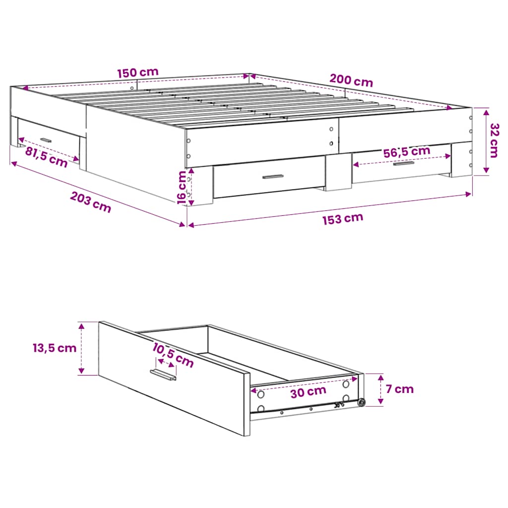 Bed Frame with Drawers without Mattress Smoked Oak 150x200 cm