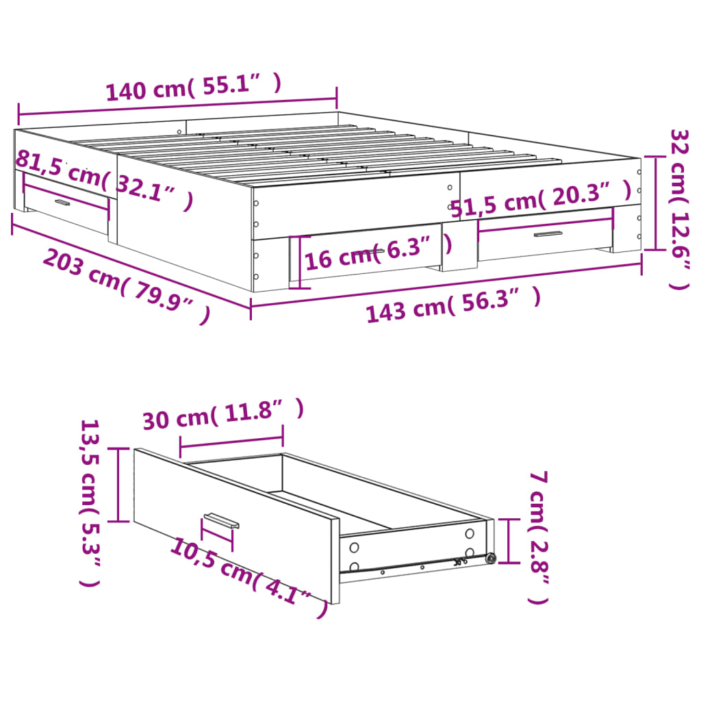 Bed Frame with Drawers without Mattress Concrete Grey 140x200cm