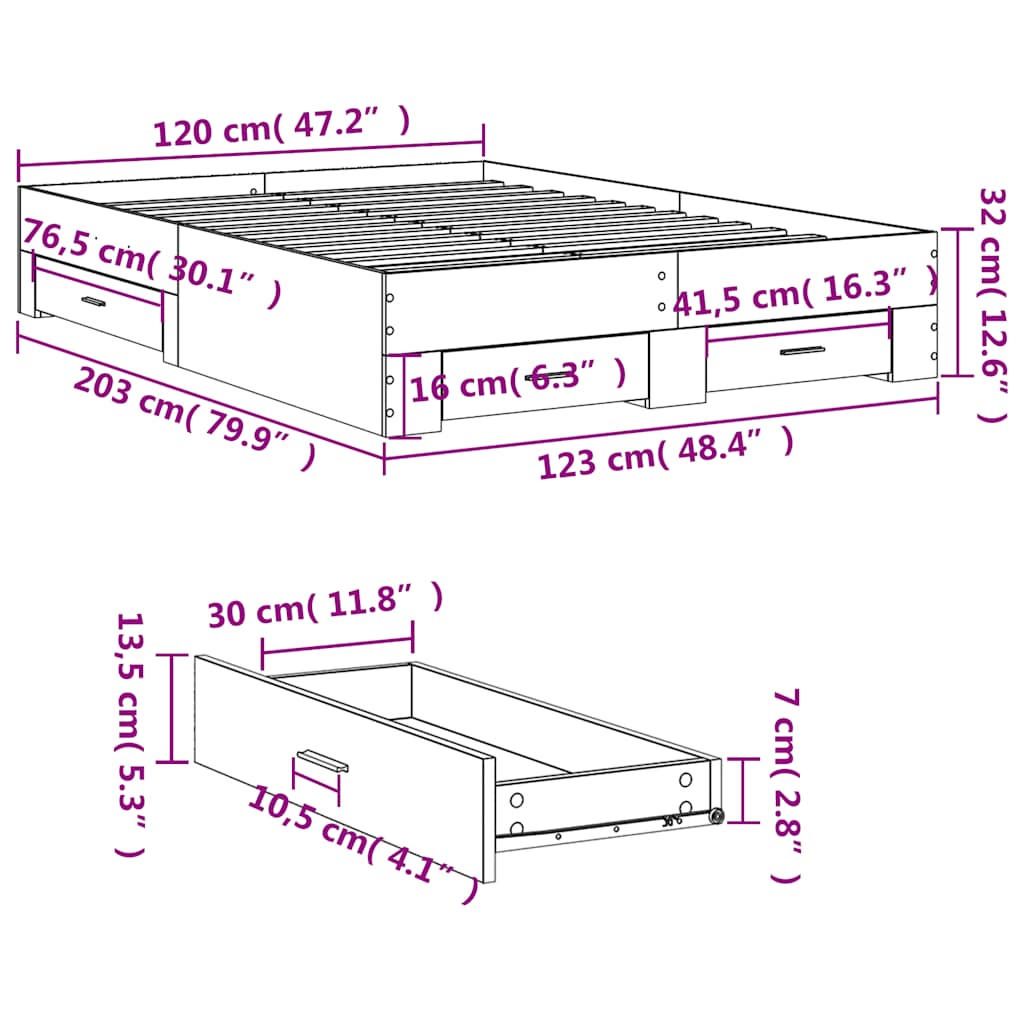 Bed Frame with Drawers without Mattress Concrete Grey 120x200cm