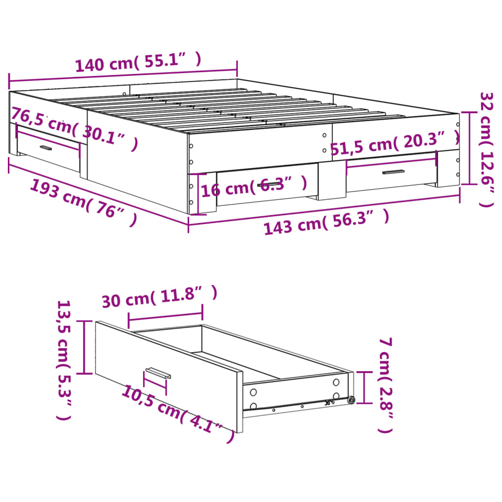 Bed Frame with Drawers without Mattress Concrete Grey 140x190cm