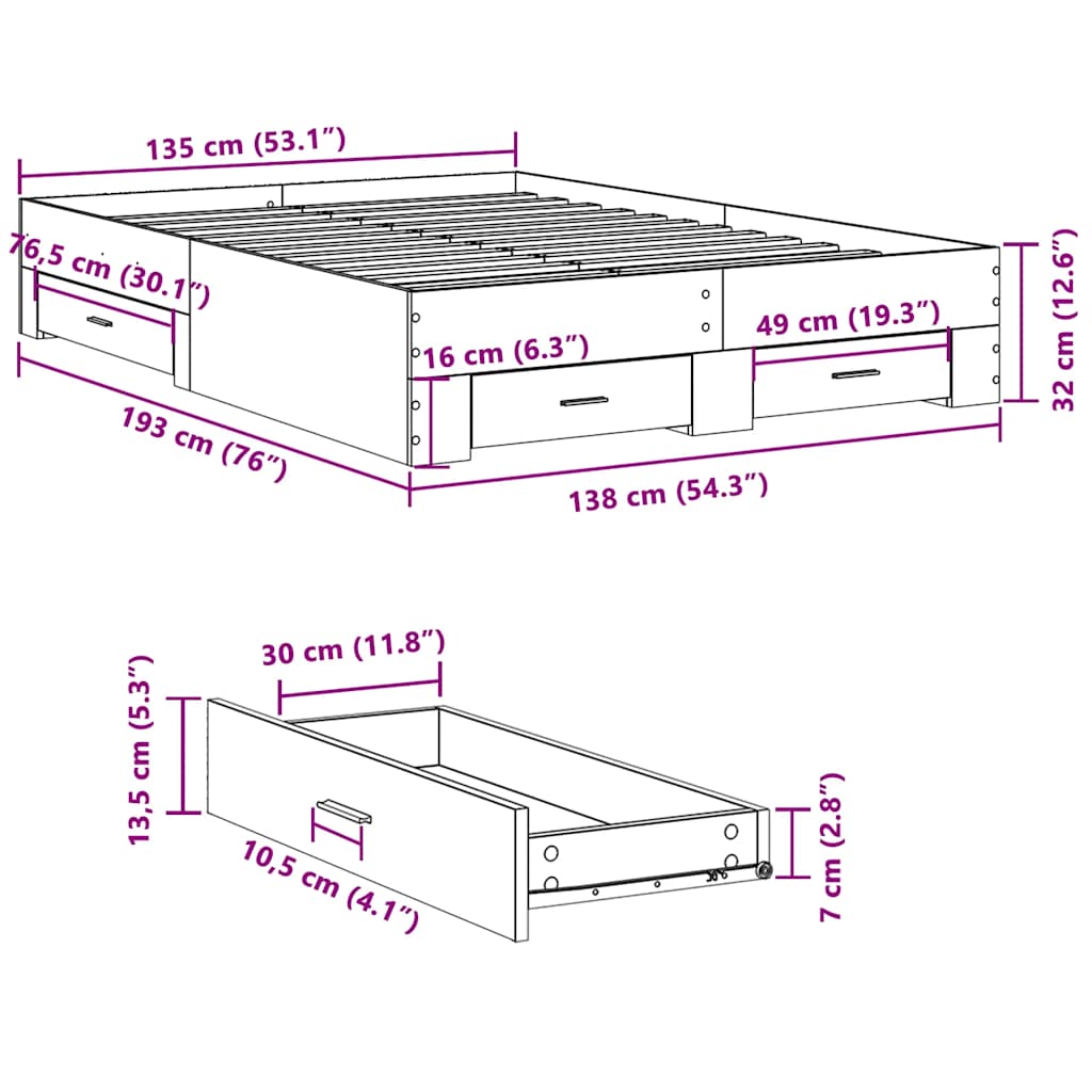 Bed Frame with Drawers without Mattress Concrete Grey 135x190 cm