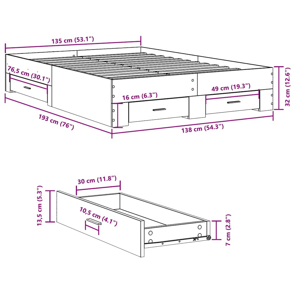 Bed Frame with Drawers without Mattress Smoked Oak 135x190 cm
