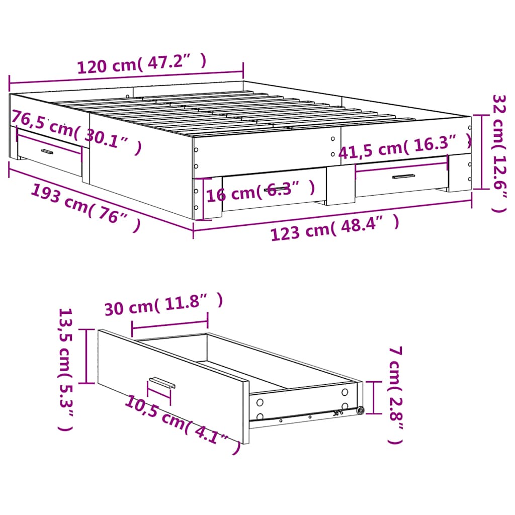 Bed Frame with Drawers without Mattress Concrete Grey 120x190cm