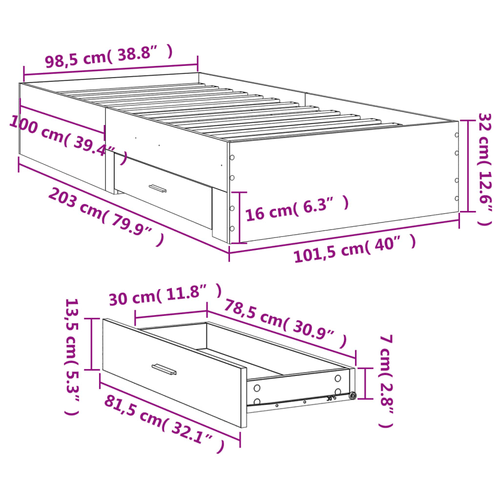 Bed Frame with Drawers without Mattress Concrete Grey 100x200cm
