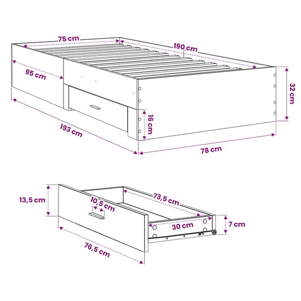 Bed Frame with Drawers without Mattress Concrete Grey 75x190 cm