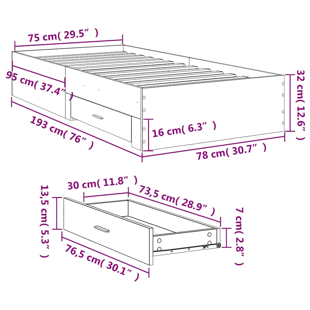 Bed Frame with Drawers without Mattress Smoked Oak 75x190 cm