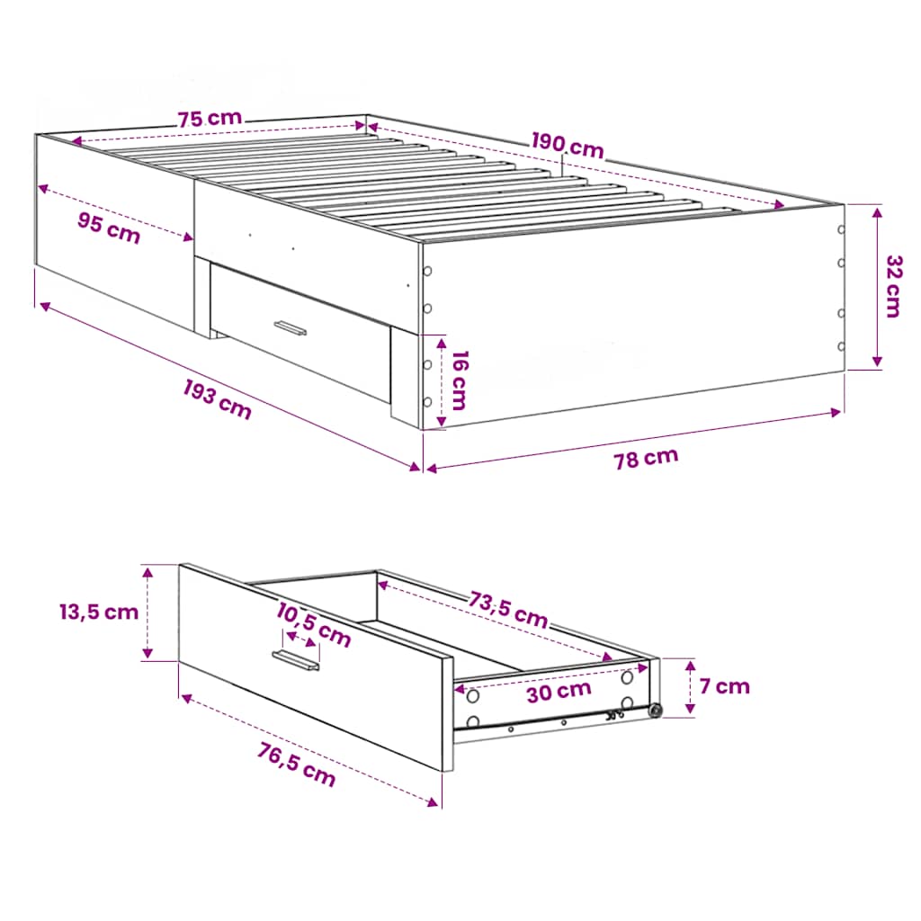 Bed Frame with Drawers without Mattress Brown Oak 75x190 cm