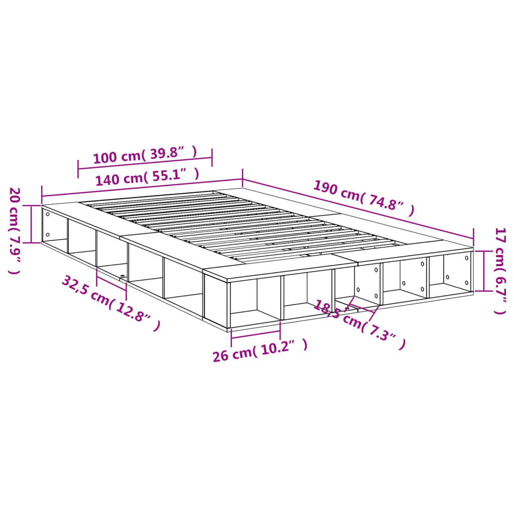 Bed Frame without Mattress Grey Sonoma 140x190 cm