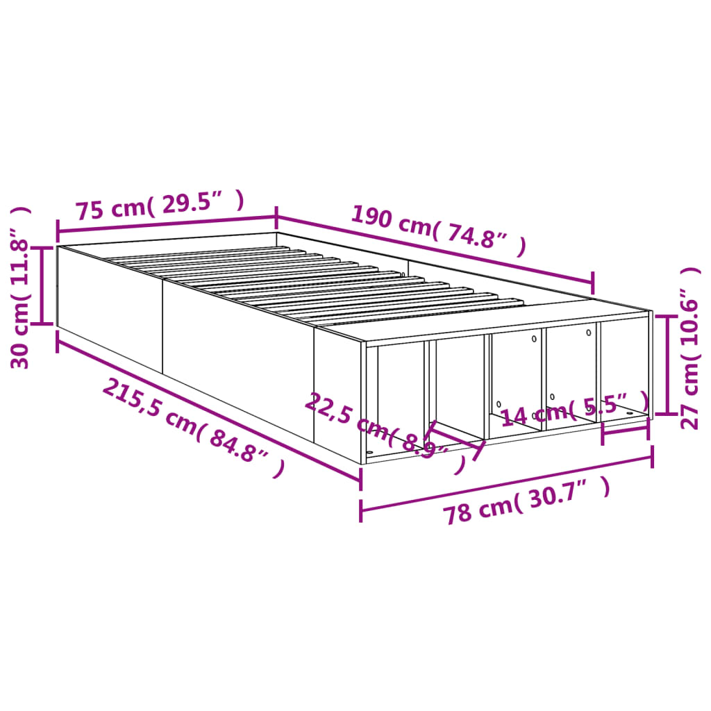 Bed Frame without Mattress Sonoma Oak 75x190 cm Small Single