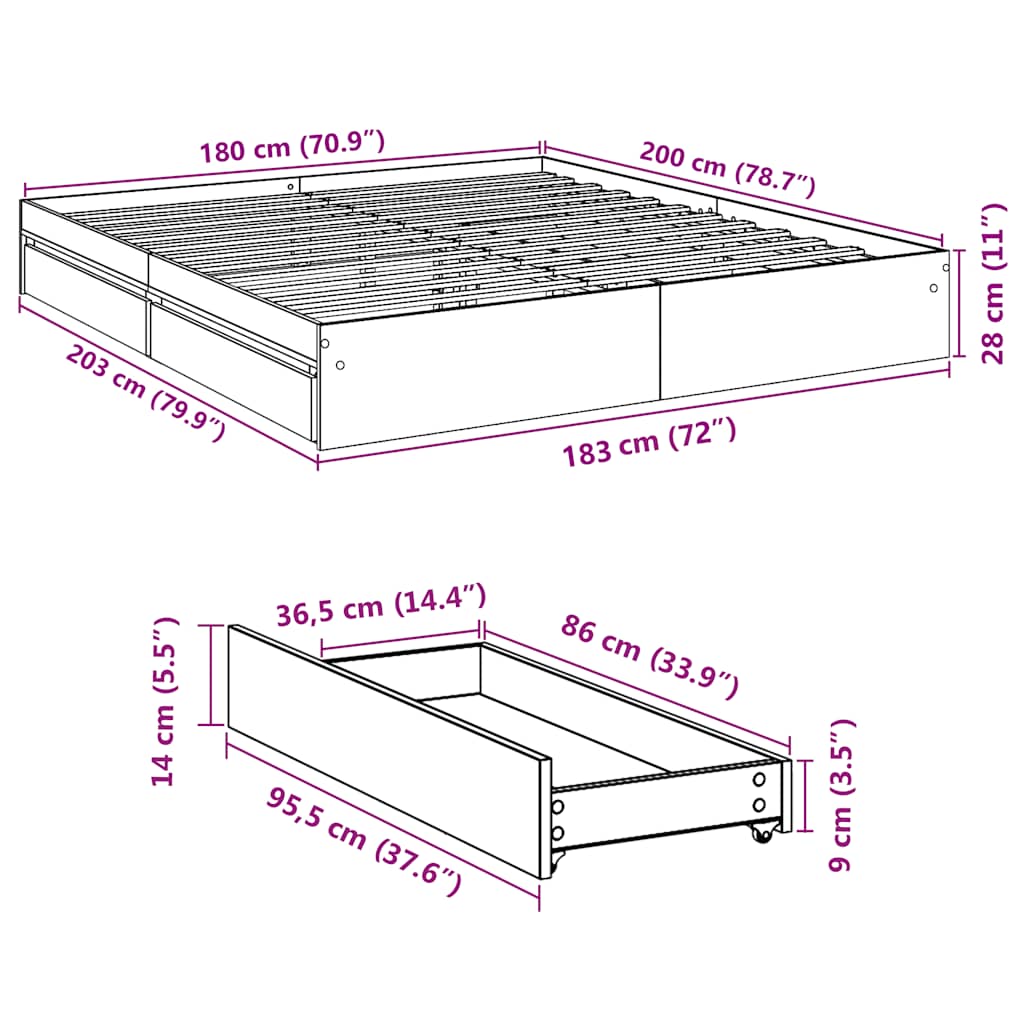 Bed Frame with Drawers without Mattress White 180x200 cm