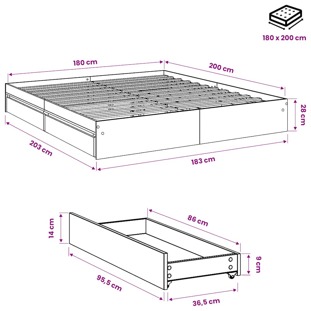 Bed Frame with Drawers without Mattress Grey Sonoma 180x200 cm