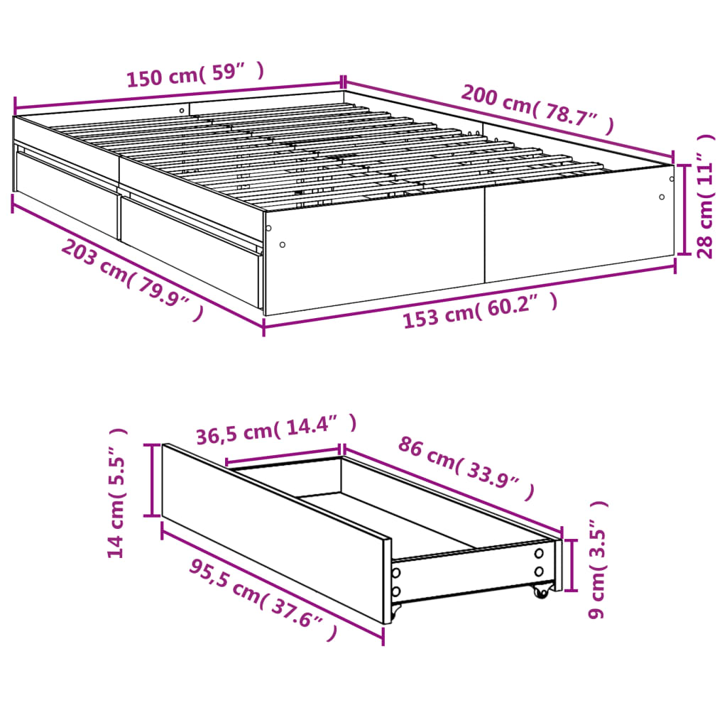 Bed Frame with Drawers without Mattress Concrete Grey 150x200cm
