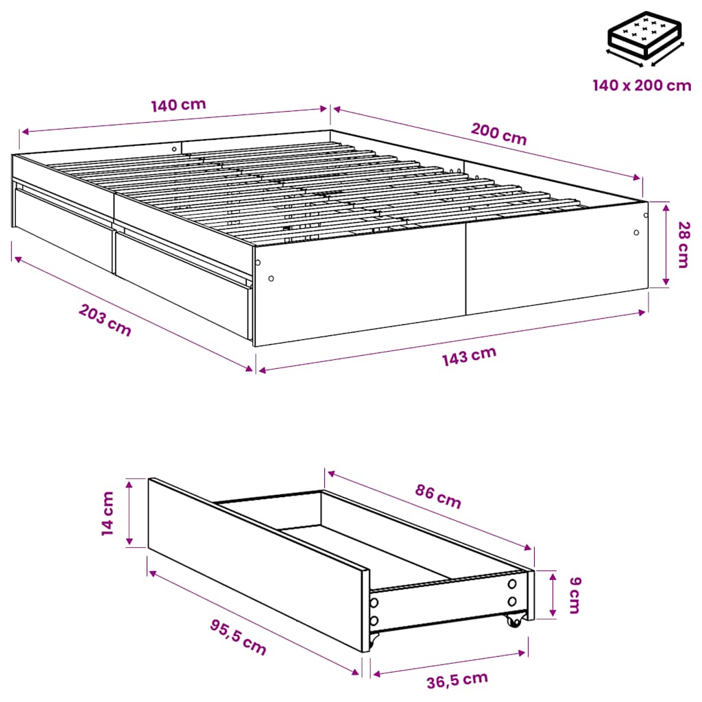 Bed Frame with Drawers without Mattress White 140x200 cm