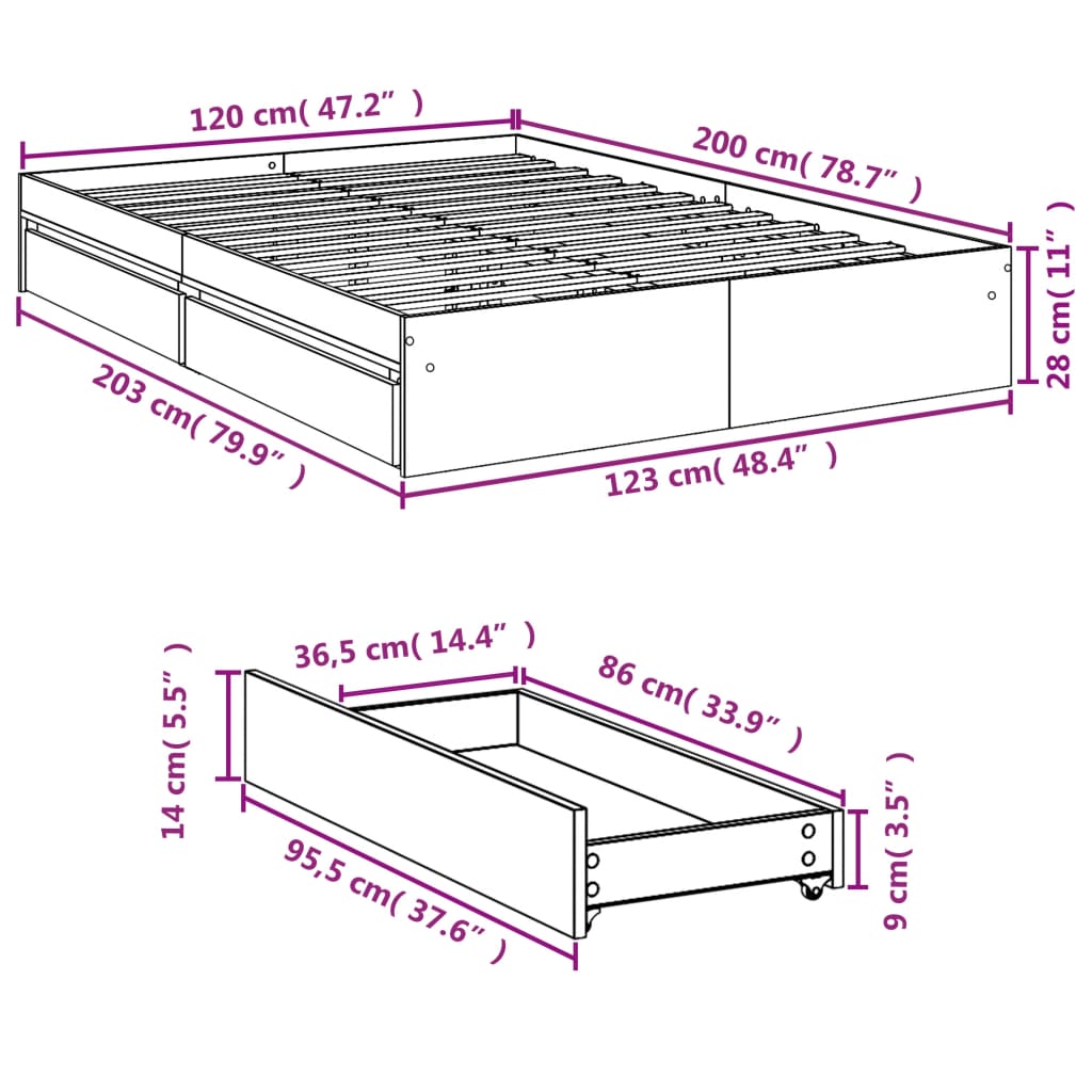 Bed Frame with Drawers without Mattress White 120x200 cm