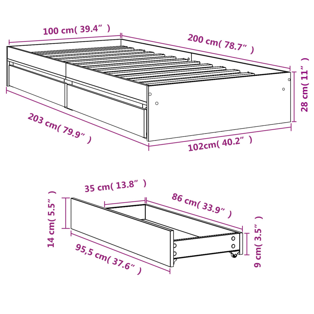 Bed Frame with Drawers without Mattress Smoked Oak 100x200 cm