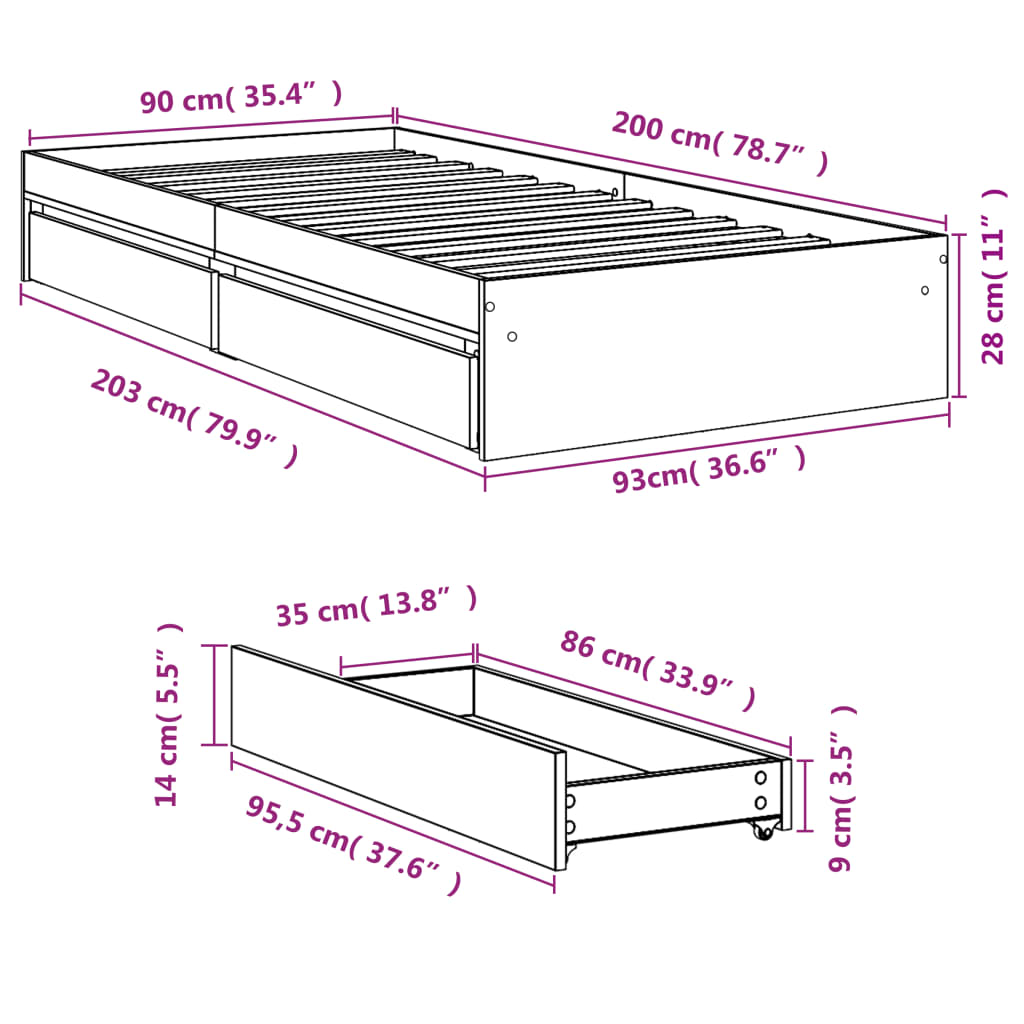 Bed Frame with Drawers without Mattress Smoked Oak 90x200 cm