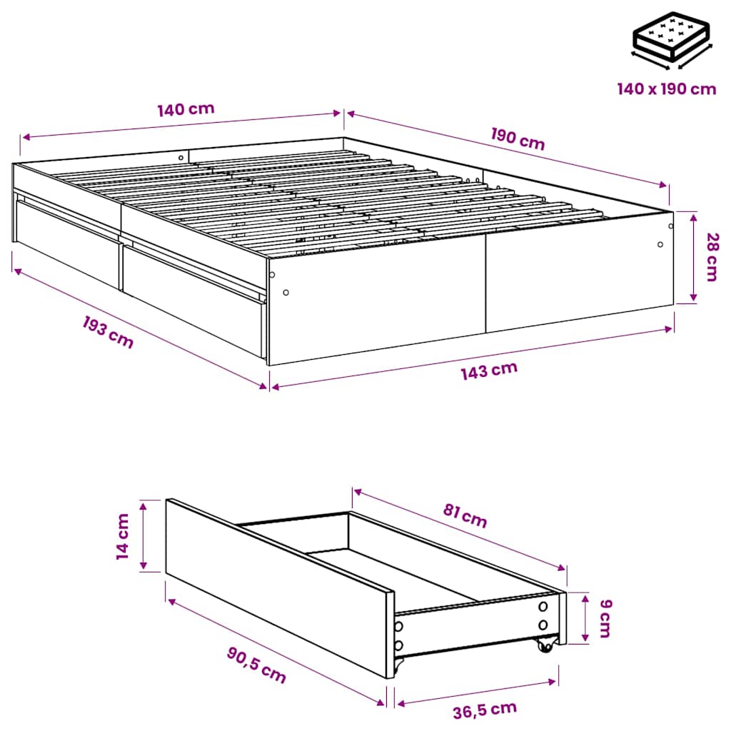 Bed Frame with Drawers without Mattress Sonoma Oak 140x190 cm