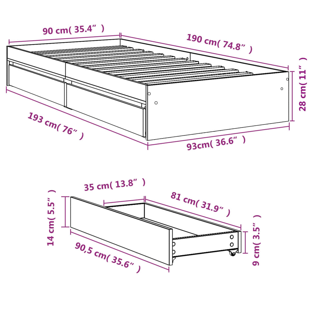 Bed Frame with Drawers without Mattress White 90x190 cm Single